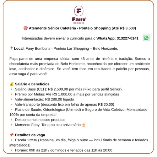 Atendente Sênior de Cafeteria - Ponteio Lar Shopping