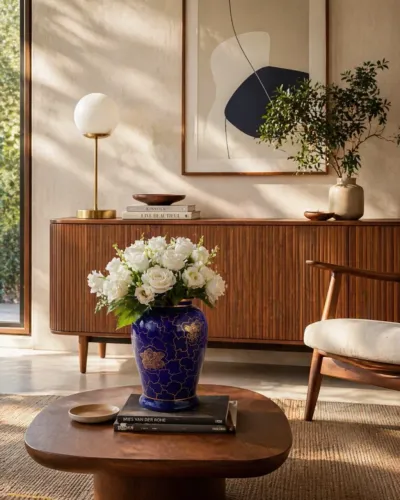 Vaso Decorativo Vintage Anos 60 - Decoração Flores Floral Azul Cobalto E Dourado Florido