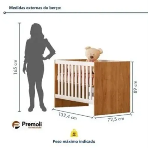 Berço C/Regulagem de Altura 100% Mdf Soft Americano Branco/Amadeirado