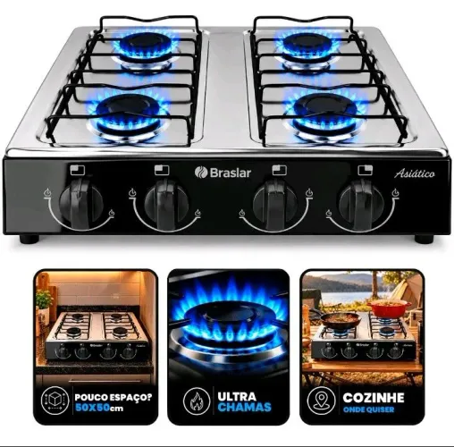 Fogão Cooktop De Mesa Asiático Portátil A Gás 4 Bocas Braslar Bivolt