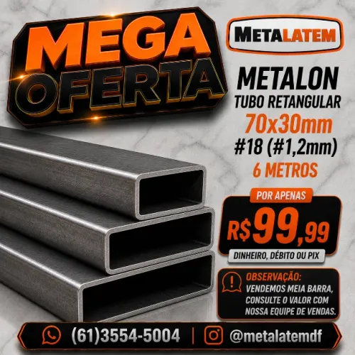 Tubo Metalon Retangular 70x30mm chapa #18 (#1,2mm) 6m