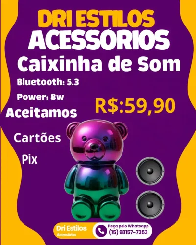 Caixinha de Som no Formato de Ursos Bluetooth 5.3 Power 8w