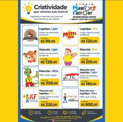 Criação de mascotes, logotipos e iluminações profissionais.