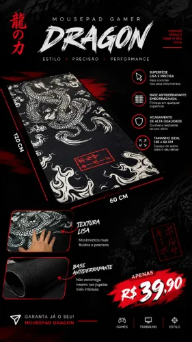 Mousepad Gamer Dragon Grande 120x60 cm Antiderrapante