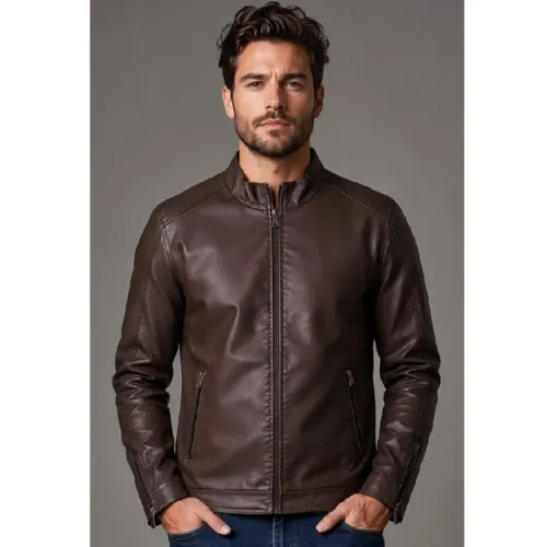 Jaqueta de Couro Marrom Biker