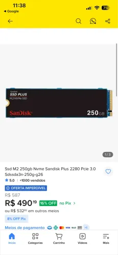 SSD SANDISK 250GB NVME M.2 SAÚDE 98