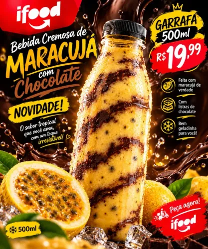 Bebida Cremosa de Maracujá com Chocolate na garrafa - 500 ml | Novidade!