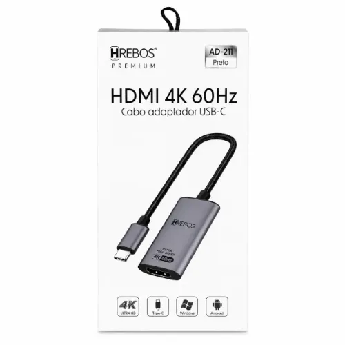 Cabo HREBOS AD-211 USB-C para HDMI 4K 60Hz 20cm Premium Adaptador para Notebook, Celular e