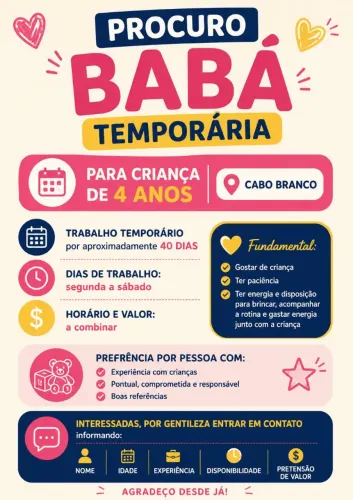 Procuro babá temporária para criança de 4 anos - Cabo Branco