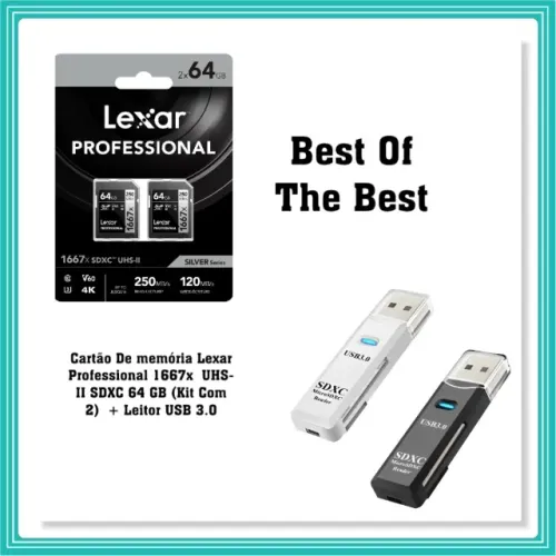 Cartão De memória Lexar Professional 1667x UHS-II SDXC 64 GB (Kit Com 2) + Leitor USB 3.0