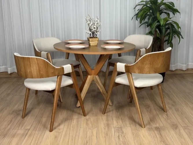 Mesa de Jantar Circular 1.08×1.08 c/4 Cadeiras Pérola /Bege Linho l8