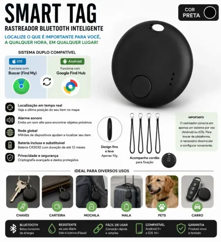 Smart Tag Rastreador Bluetooth Android e iOS Compatível Find My e Google Find Hub Preto