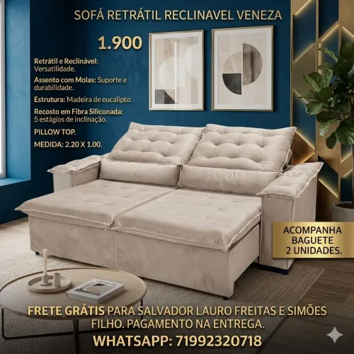 SOFÁ RETRÁTIL RECLINAVEL VENEZA 2.20 com pillow top 