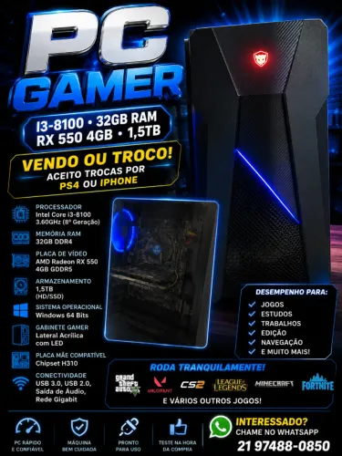 PC Gamer Intel Core i3-8100 | 32GB RAM | RX 550 4GB | 1,2TB | Aceito Troca
