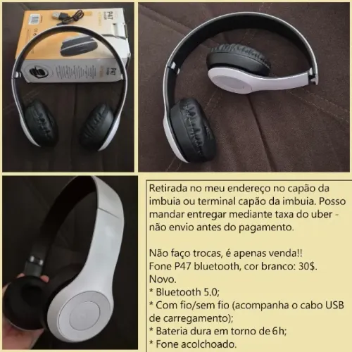 Fone P47 bluetooth branco novo