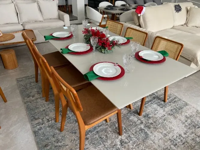 Mesa Jantar Base em Madeira Maciça + Vidro com 6 Cadeiras Tela - Natal!
