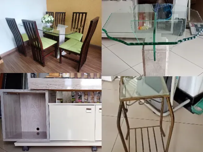 Kit Mesa Jantar Mármore  com Vidro Bisotê 6 Cadeiras, Rack Sala de Estar e 2 Mesas de apoi