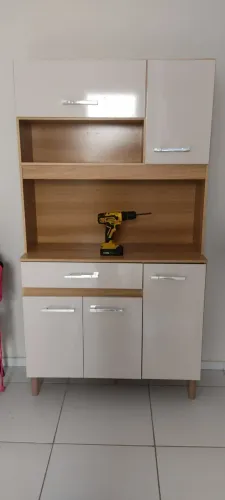 Kit Cozinha Compacta 5 Portas 1 Gavetas Poliman Freijó/Off White - Montagem Grátis 
