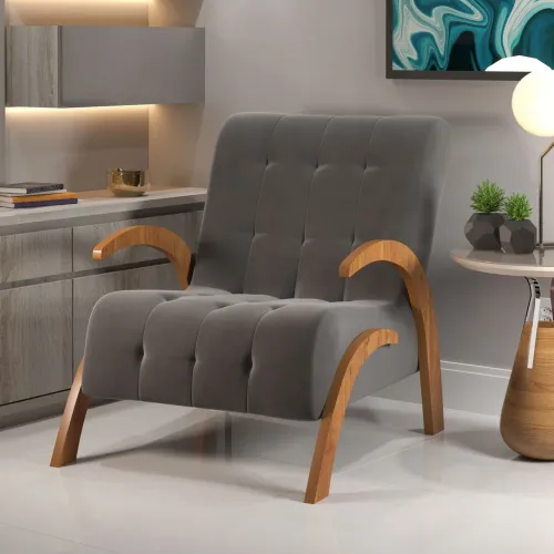 Poltrona Cinza Elegante com Detalhes em Madeira!! Lo