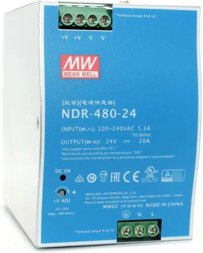 NDR-480-24 - Fonte Chaveada DIN 480W 90-264VCA/127-370VCC Saída 24VCC-20A - MEAN WELL