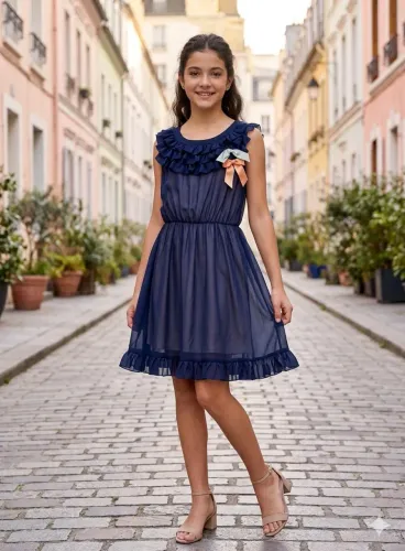 vestido festa juvenil azul marinho com laço kiling