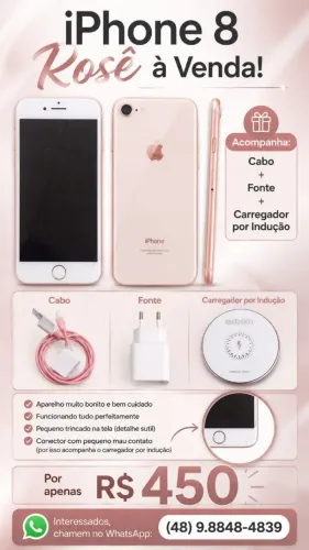 iPhone 8 Rosê Completo + Carregador por Indução Grátis!