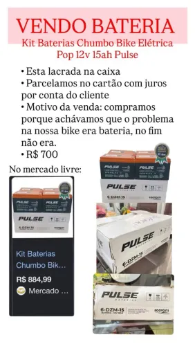 Kit baterias chumbo bike elétrica pop 12v 15ah pulse