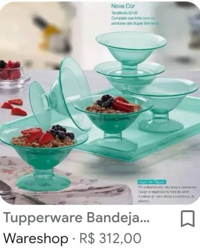 Tupperware Bandeja Retangular + 6 Tacinhas Premier de Sobremesa Verde Mint