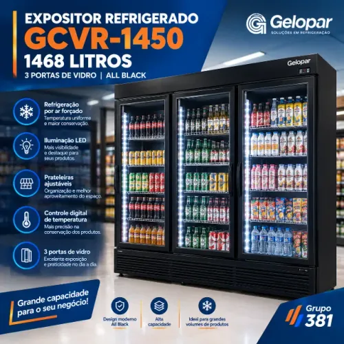Expositor Refrigerado Gelopar GCVR-1450 1468L 3 Portas All Black.DIVEDI 10 X S/JNo cartão