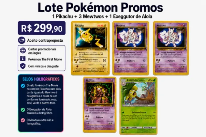 Lote Pokémon: Pikachu, 3 Mewtwos e Exeggutor Holo