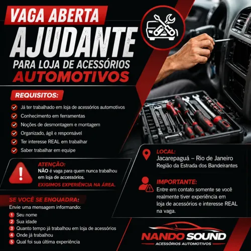 VAGA -AJUDANTE PARA LOJAS DE ACESSÓRIOS AUTOMOTIVOS 