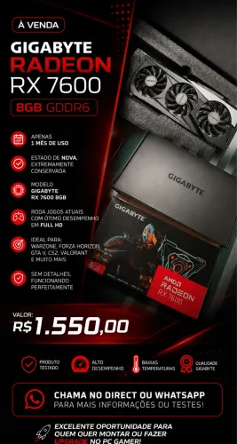 ? PLACA DE VÍDEO GIGABYTE RADEON RX 7600 8GB ? MUITO NOVA!