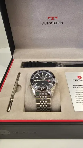 Relógio Technos automático GMT Prata lindo e raro