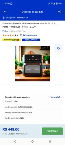 Fritadeira Elétrica Air Fryer Philco Oven PAF11B 11L Porta Removível - Preta - 110V