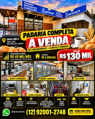 PADARIA COMPLETA À VENDA - NEGÓCIO EM FUNCIONAMENTO