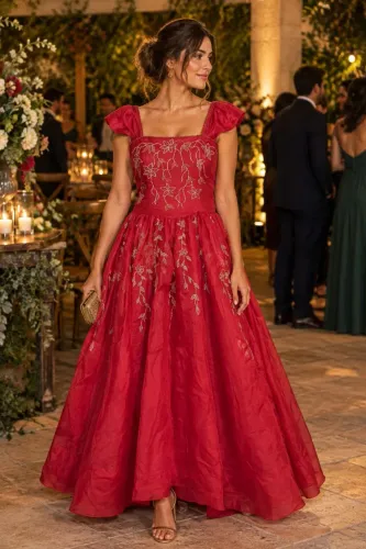 Vestido longo vintage de festa vermelho bordado