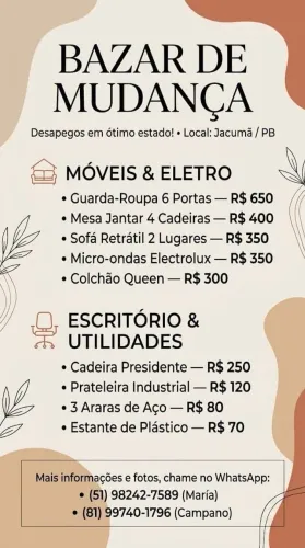 Bazar de Mudança - Móveis e Eletrodomésticos em Ótimo Estado