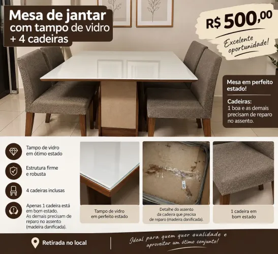 Mesa de Jantar com Tampo de Vidro - R$ 500 | Cadeiras Opcionais