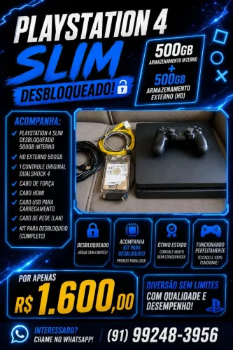 PS4 Slim 500GB Destravado, HD Externo 500GB,  Kit destravamento 