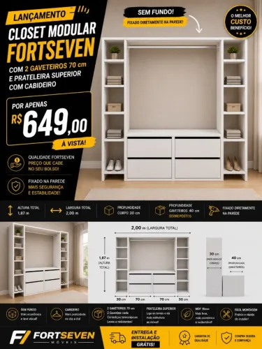 CLOSET CM 4 GAVETAS CABIDEIRO 2 TORRE MDF NOVO