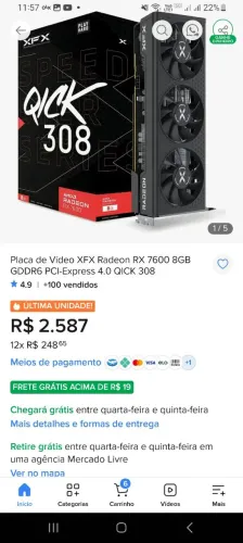 Placa de video Rx 7600 XFX AMD RADEON