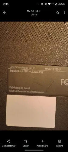 Notebook ASUS Vivobook Go 15<br><br>Input/?:+19V-2.37A,45W<br><br>Model: E1504F