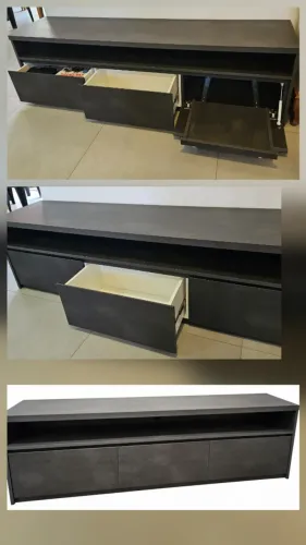 Rack 100% mdf cor grafite. Tamanho C200xP45xA55. 2 gavetas e bandeja retrátil. 
