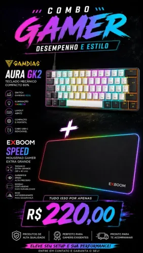 Combo Gamer Teclado Gamdias GK2 e Mouse Pad EXBOOM (PARA SAIR LOGO!)
