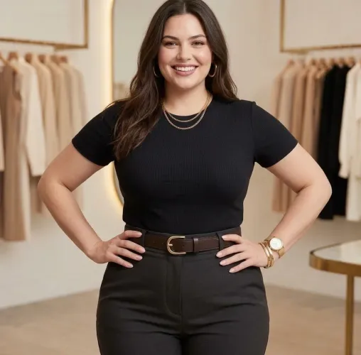 Blusa feminina preta plus size canelada gola redonda básica dia a dia manga curta