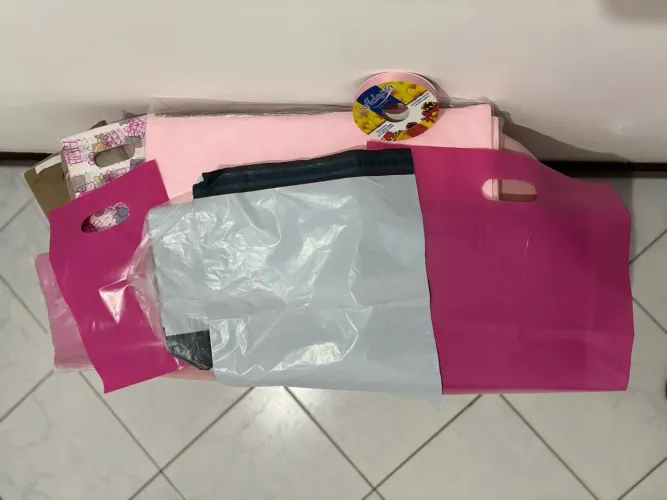 Kit sacolas, sacos de envio, papel de seda, sacolas pequenas de brinde, fita