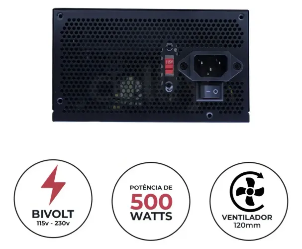 Fonte de alimentação pc computador atx amd Intel 500w bivolt 