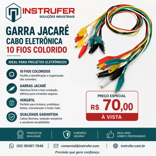 Kit 10 Cabos Garra Jacaré Coloridos para Eletrônica Arduino
