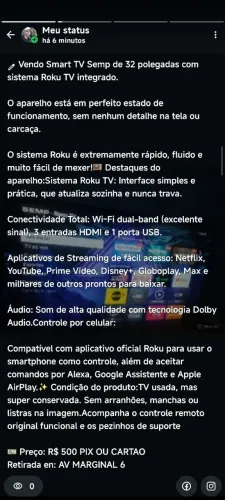 Vendo Smart TV Semp de 32 polegadas com sistema Roku TV integrado