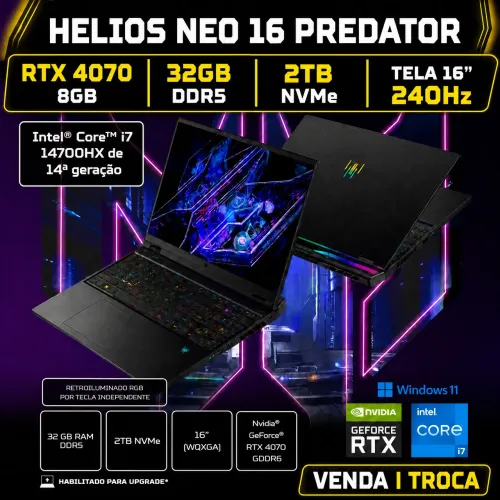 Helios Neo 16 com 2Tb NVMe e 32Gb RAM, 16" 240Hz Core i7 5.5Ghz Ultima Geração